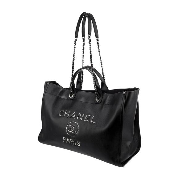 CHANEL Deauville Black Caviar Leather Studded Logo Large Shopping Tote Bag SHW - Picture 3 of 15